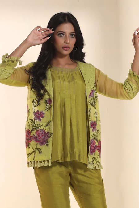 Buy_Sunita Nagi_Yellow Organza, Denim, Cotton, Silk Floral Cross Stitch Jacket With Tunic Set _Online_at_Aza_Fashions