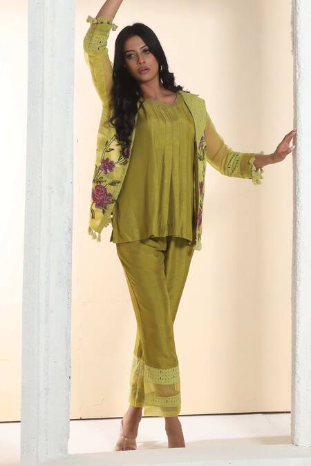 Shop_Sunita Nagi_Yellow Organza, Denim, Cotton, Silk Floral Cross Stitch Jacket With Tunic Set _Online_at_Aza_Fashions