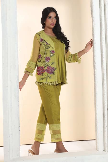 Sunita Nagi_Yellow Organza, Denim, Cotton, Silk Floral Cross Stitch Jacket With Tunic Set _at_Aza_Fashions