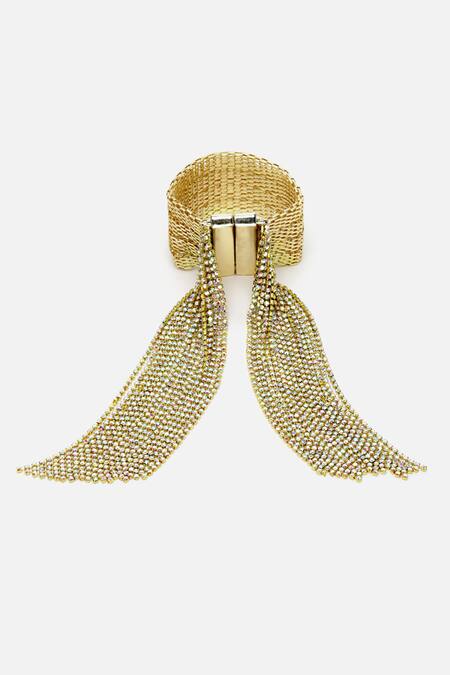 Shop Bijoux By Priya Chandna Gold Plated Crystals Rhinestone Mesh Tassel Cuff Bracelet at Aza Fashions Shop_Bijoux By Priya Chandna_Gold Plated Crystals Rhinestone Mesh Tassel Cuff Bracelet _at_Aza_Fashions