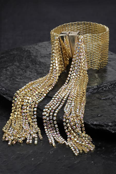 Bijoux By Priya Chandna Gold Plated Crystals Rhinestone Mesh Tassel Cuff Bracelet Online at Aza Fashions Bijoux By Priya Chandna_Gold Plated Crystals Rhinestone Mesh Tassel Cuff Bracelet _Online_at_Aza_Fashions