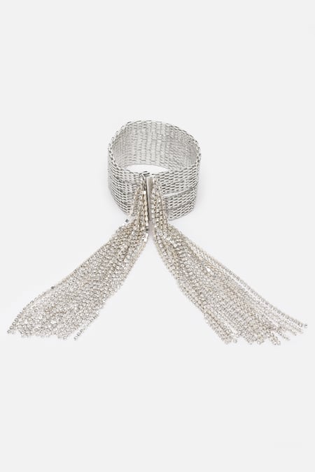 Shop Bijoux By Priya Chandna Silver Plated Crystals Rhinestone Mesh Tassel Bracelet at Aza Fashions Shop_Bijoux By Priya Chandna_Silver Plated Crystals Rhinestone Mesh Tassel Bracelet _at_Aza_Fashions