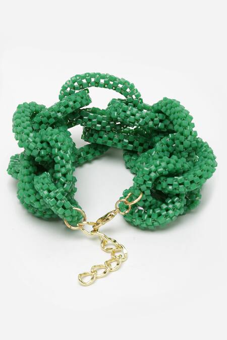 Shop_Bijoux By Priya Chandna_Green Beads Twisted Embellished Bracelet _Online_at_Aza_Fashions