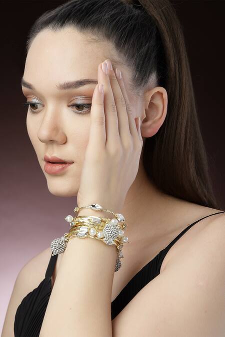 Shop_Bijoux By Priya Chandna_Silver Plated Crystals, Pearls Multi Row Bracelet _Online_at_Aza_Fashions