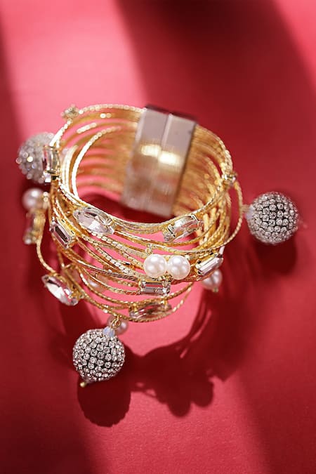 Bijoux By Priya Chandna_Silver Plated Crystals, Pearls Multi Row Bracelet _at_Aza_Fashions