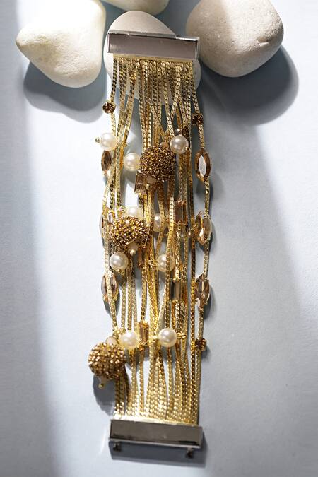Bijoux By Priya Chandna Gold Plated Crystals, Pearls Multi Row Stacked Bracelet at Aza Fashions Bijoux By Priya Chandna_Gold Plated Crystals, Pearls Multi Row Stacked Bracelet _at_Aza_Fashions