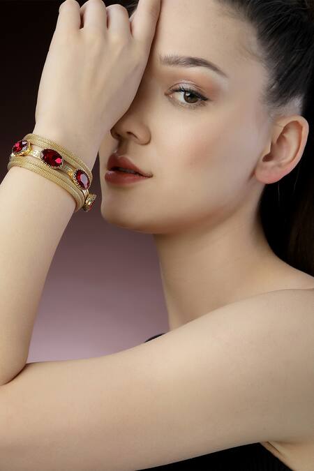 Shop_Bijoux By Priya Chandna_Red Crystals Stone Link Bracelet _Online_at_Aza_Fashions