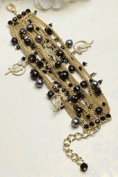 Bijoux By Priya Chandna_Black Crystals, Chains Charmed Multi Row Bracelet _Online_at_Aza_Fashions