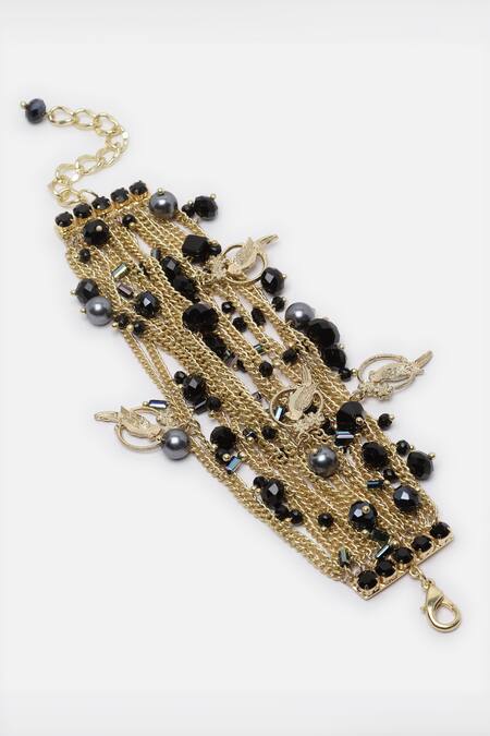 Buy_Bijoux By Priya Chandna_Black Crystals, Chains Charmed Multi Row Bracelet _Online_at_Aza_Fashions