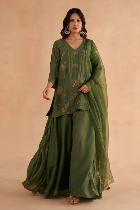 Ruchi Marodia_Green Organza, Mohair Embroidery, Zari V-neck Zardozi Kurta Sharara Set _Online_at_Aza_Fashions