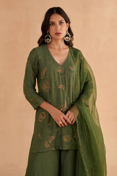 Buy_Ruchi Marodia_Green Organza, Mohair Embroidery, Zari V-neck Zardozi Kurta Sharara Set _Online_at_Aza_Fashions