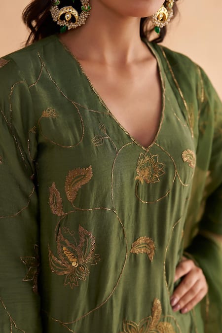 Shop_Ruchi Marodia_Green Organza, Mohair Embroidery, Zari V-neck Zardozi Kurta Sharara Set _Online_at_Aza_Fashions
