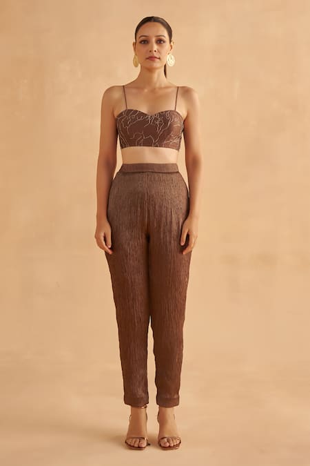 Buy_Ruchi Marodia_Brown Silk, Crepe Embroidery V-neck Lotus Print Bodice Tunic And Pant Set _Online_at_Aza_Fashions