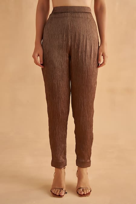 Ruchi Marodia_Brown Silk, Crepe Embroidery V-neck Lotus Print Bodice Tunic And Pant Set _at_Aza_Fashions