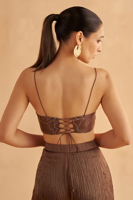 Buy_Ruchi Marodia_Brown Silk, Crepe Embroidery V-neck Lotus Print Bodice Tunic And Pant Set 