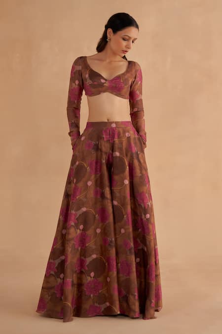 Ruchi Marodia_Brown Organza, Chanderi Embroidery Sheer Tunic And Lotus Print Flared Sharara Set _Online_at_Aza_Fashions