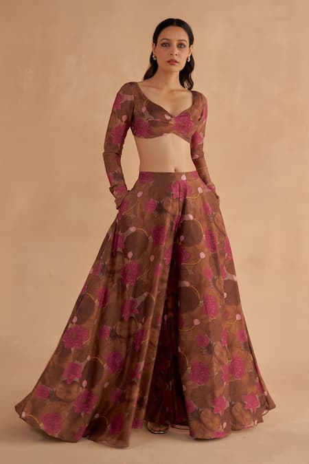 Buy_Ruchi Marodia_Brown Organza, Chanderi Embroidery Sheer Tunic And Lotus Print Flared Sharara Set _Online_at_Aza_Fashions