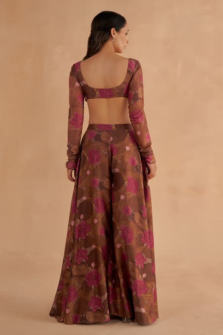 Shop_Ruchi Marodia_Brown Organza, Chanderi Embroidery Sheer Tunic And Lotus Print Flared Sharara Set _Online_at_Aza_Fashions