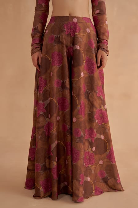 Buy_Ruchi Marodia_Brown Organza, Chanderi Embroidery Sheer Tunic And Lotus Print Flared Sharara Set 