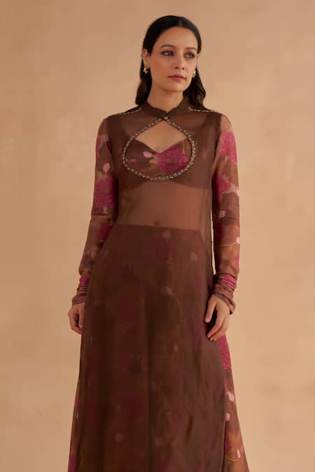 Shop_Ruchi Marodia_Brown Organza, Chanderi Embroidery Sheer Tunic And Lotus Print Flared Sharara Set 