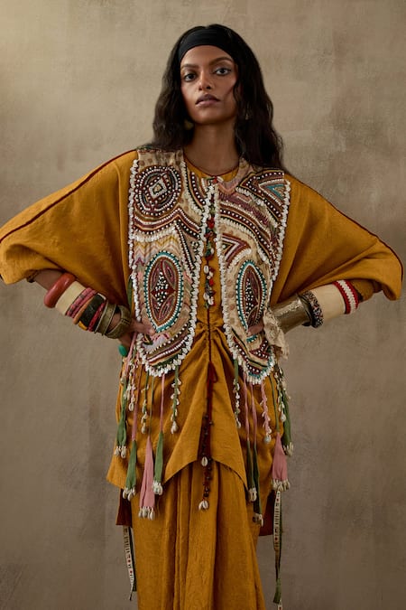 Buy Aseem Kapoor Yellow Cotton, Silk, Crepe Tassels Zuri Tribal Embroidered Gilet And Skirt Set Online at Aza Fashions Buy_Aseem Kapoor_Yellow Cotton, Silk, Crepe Tassels Zuri Tribal Embroidered Gilet And Skirt Set _Online_at_Aza_Fashions