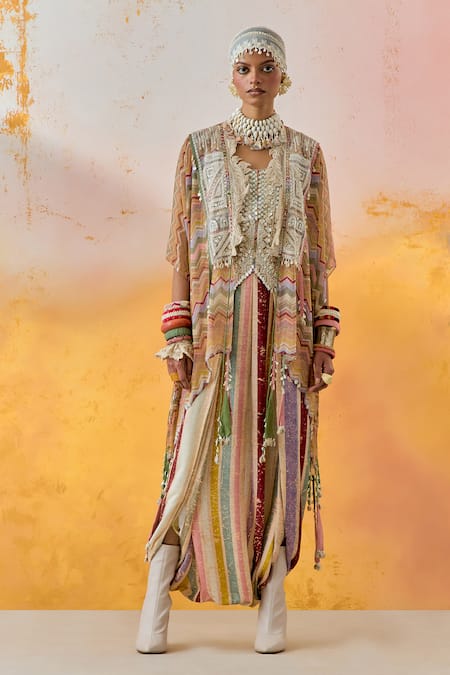 ASEEM KAPOOR Multi Color Jacket - Sheer Silk Embroidery Veni Chevron Print And Trouser Set 