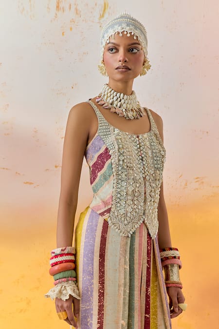 Shop Aseem Kapoor Multi Color Net, Satin, Silk, Cotton Veni Chevron Print Jacket And Trouser Set Online at Aza Fashions Shop_Aseem Kapoor_Multi Color Net, Satin, Silk, Cotton Veni Chevron Print Jacket And Trouser Set _Online_at_Aza_Fashions