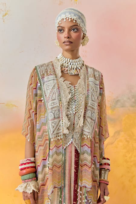 Aseem Kapoor Multi Color Net, Satin, Silk, Cotton Veni Chevron Print Jacket And Trouser Set at Aza Fashions Aseem Kapoor_Multi Color Net, Satin, Silk, Cotton Veni Chevron Print Jacket And Trouser Set _at_Aza_Fashions