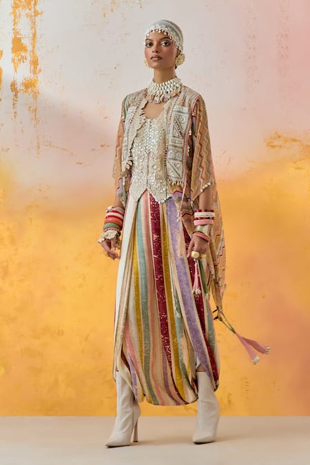 Buy Aseem Kapoor Multi Color Net, Satin, Silk, Cotton Veni Chevron Print Jacket And Trouser Set Buy_Aseem Kapoor_Multi Color Net, Satin, Silk, Cotton Veni Chevron Print Jacket And Trouser Set