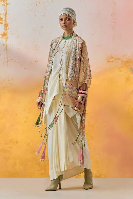 Aseem Kapoor White Silk, Crepe Beads, Sequins Veni Chevron Print Jacket And Draped Skirt Set at Aza Fashions Aseem Kapoor_White Silk, Crepe Beads, Sequins Veni Chevron Print Jacket And Draped Skirt Set _at_Aza_Fashions