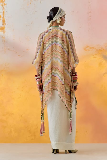 Shop Aseem Kapoor White Silk, Crepe Beads, Sequins Veni Chevron Print Jacket And Draped Skirt Set at Aza Fashions Shop_Aseem Kapoor_White Silk, Crepe Beads, Sequins Veni Chevron Print Jacket And Draped Skirt Set _at_Aza_Fashions