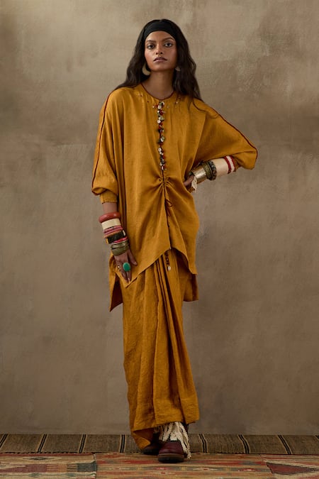 ASEEM KAPOOR Yellow Crushed Silk Embroidery Tassel Round Trapeze Placket Kurta With Skirt 