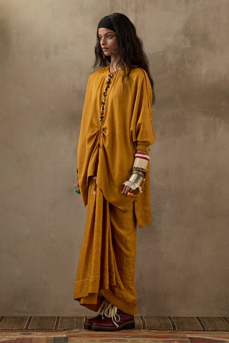Buy_Aseem Kapoor_Yellow Silk Tassels Round Neck Trapeze Placket Kurta With Skirt _Online_at_Aza_Fashions