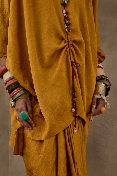 Shop_Aseem Kapoor_Yellow Silk Tassels Round Neck Trapeze Placket Kurta With Skirt _Online_at_Aza_Fashions