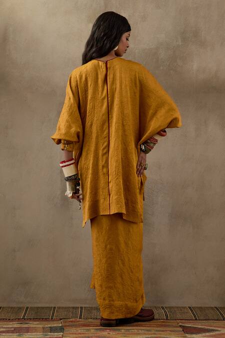 Shop_Aseem Kapoor_Yellow Silk Tassels Round Neck Trapeze Placket Kurta With Skirt _at_Aza_Fashions
