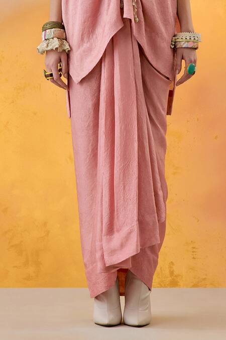 Aseem Kapoor Pink Silk, Crepe Sequins, Tassels Round Neck Trapeze Crushed Kurta With Skirt Online at Aza Fashions Aseem Kapoor_Pink Silk, Crepe Sequins, Tassels Round Neck Trapeze Crushed Kurta With Skirt _Online_at_Aza_Fashions