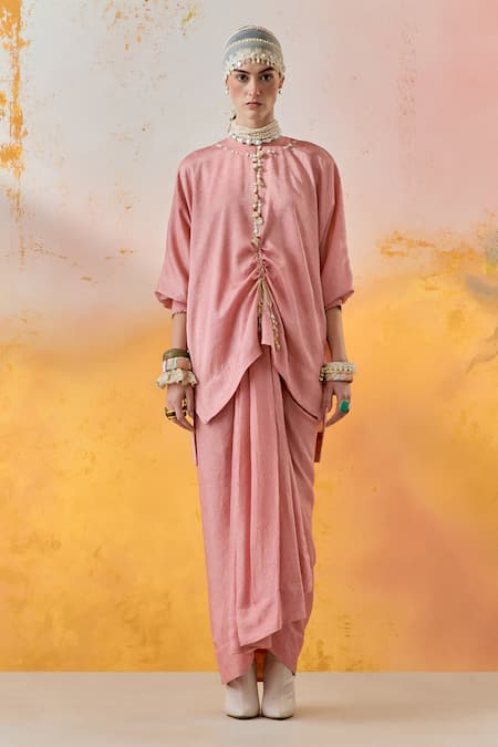 Buy Aseem Kapoor Pink Silk, Crepe Sequins, Tassels Round Neck Trapeze Crushed Kurta With Skirt Online at Aza Fashions Buy_Aseem Kapoor_Pink Silk, Crepe Sequins, Tassels Round Neck Trapeze Crushed Kurta With Skirt _Online_at_Aza_Fashions