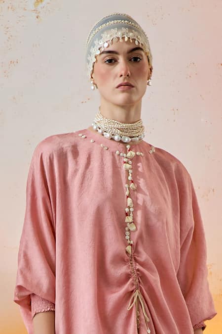 Shop Aseem Kapoor Pink Silk, Crepe Sequins, Tassels Round Neck Trapeze Crushed Kurta With Skirt Online at Aza Fashions Shop_Aseem Kapoor_Pink Silk, Crepe Sequins, Tassels Round Neck Trapeze Crushed Kurta With Skirt _Online_at_Aza_Fashions