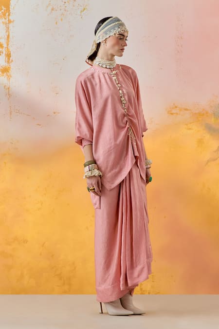 Buy Aseem Kapoor Pink Silk, Crepe Sequins, Tassels Round Neck Trapeze Crushed Kurta With Skirt Buy_Aseem Kapoor_Pink Silk, Crepe Sequins, Tassels Round Neck Trapeze Crushed Kurta With Skirt