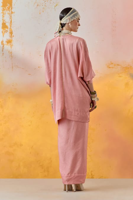 Shop Aseem Kapoor Pink Silk, Crepe Sequins, Tassels Round Neck Trapeze Crushed Kurta With Skirt at Aza Fashions Shop_Aseem Kapoor_Pink Silk, Crepe Sequins, Tassels Round Neck Trapeze Crushed Kurta With Skirt _at_Aza_Fashions