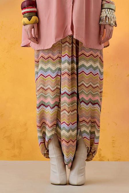 Aseem Kapoor Pink Crepe Pearls, Sequins, Mandala Shirt With Chevron Print Draped Trouser Online at Aza Fashions Aseem Kapoor_Pink Crepe Pearls, Sequins, Mandala Shirt With Chevron Print Draped Trouser _Online_at_Aza_Fashions