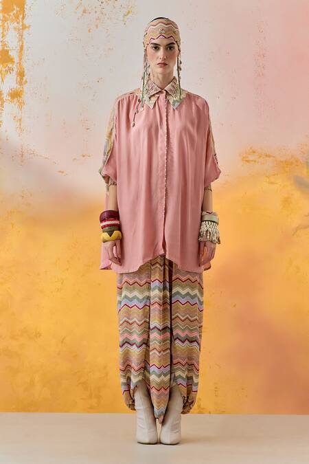 Buy Aseem Kapoor Pink Crepe Pearls, Sequins, Mandala Shirt With Chevron Print Draped Trouser Online at Aza Fashions Buy_Aseem Kapoor_Pink Crepe Pearls, Sequins, Mandala Shirt With Chevron Print Draped Trouser _Online_at_Aza_Fashions
