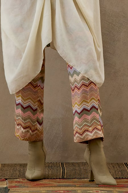 Aseem Kapoor White Crepe Tassels, Beads Round Neck Tribal Embroidered Yoke Tunic With Trouser Online at Aza Fashions Aseem Kapoor_White Crepe Tassels, Beads Round Neck Tribal Embroidered Yoke Tunic With Trouser _Online_at_Aza_Fashions