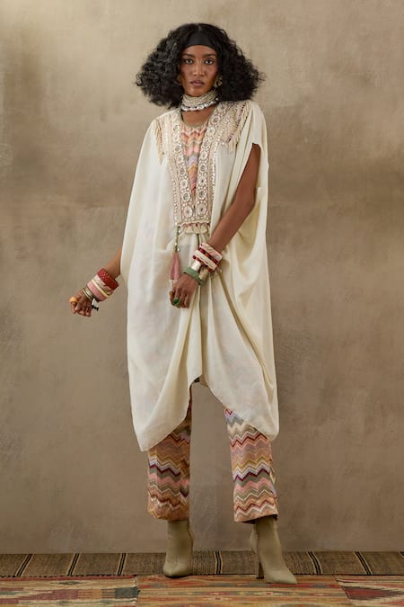 Buy Aseem Kapoor White Crepe Tassels, Beads Round Neck Tribal Embroidered Yoke Tunic With Trouser Online at Aza Fashions Buy_Aseem Kapoor_White Crepe Tassels, Beads Round Neck Tribal Embroidered Yoke Tunic With Trouser _Online_at_Aza_Fashions