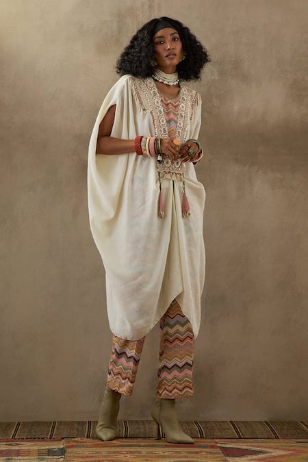 Shop Aseem Kapoor White Crepe Tassels, Beads Round Neck Tribal Embroidered Yoke Tunic With Trouser Online at Aza Fashions Shop_Aseem Kapoor_White Crepe Tassels, Beads Round Neck Tribal Embroidered Yoke Tunic With Trouser _Online_at_Aza_Fashions