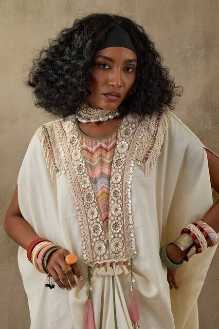 Aseem Kapoor White Crepe Tassels, Beads Round Neck Tribal Embroidered Yoke Tunic With Trouser at Aza Fashions Aseem Kapoor_White Crepe Tassels, Beads Round Neck Tribal Embroidered Yoke Tunic With Trouser _at_Aza_Fashions