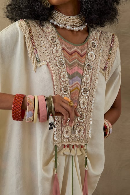 Buy Aseem Kapoor White Crepe Tassels, Beads Round Neck Tribal Embroidered Yoke Tunic With Trouser Buy_Aseem Kapoor_White Crepe Tassels, Beads Round Neck Tribal Embroidered Yoke Tunic With Trouser