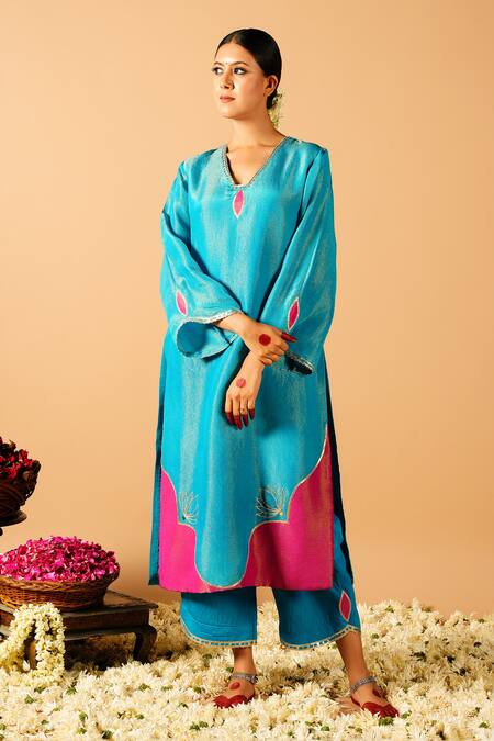 Tangerine By Asfa_Blue Tissue Gota Patti, Patchwork Split Floral Embroidered Kurta With Pant_Online_at_Aza_Fashions