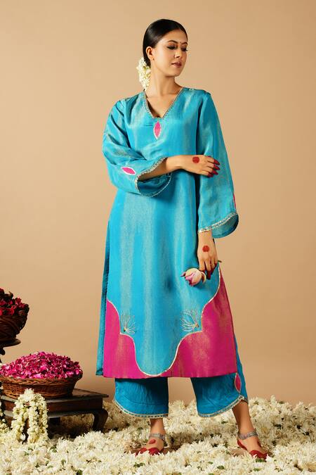 Buy_Tangerine By Asfa_Blue Tissue Gota Patti, Patchwork Split Floral Embroidered Kurta With Pant_Online_at_Aza_Fashions