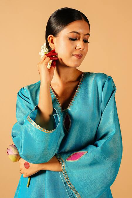 Tangerine By Asfa_Blue Tissue Gota Patti, Patchwork Split Floral Embroidered Kurta With Pant_at_Aza_Fashions